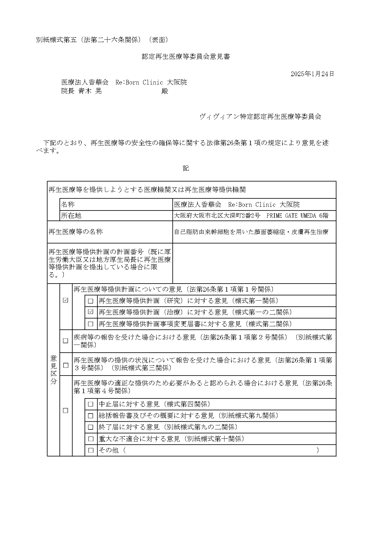 リボーンクリニック 許可・資格