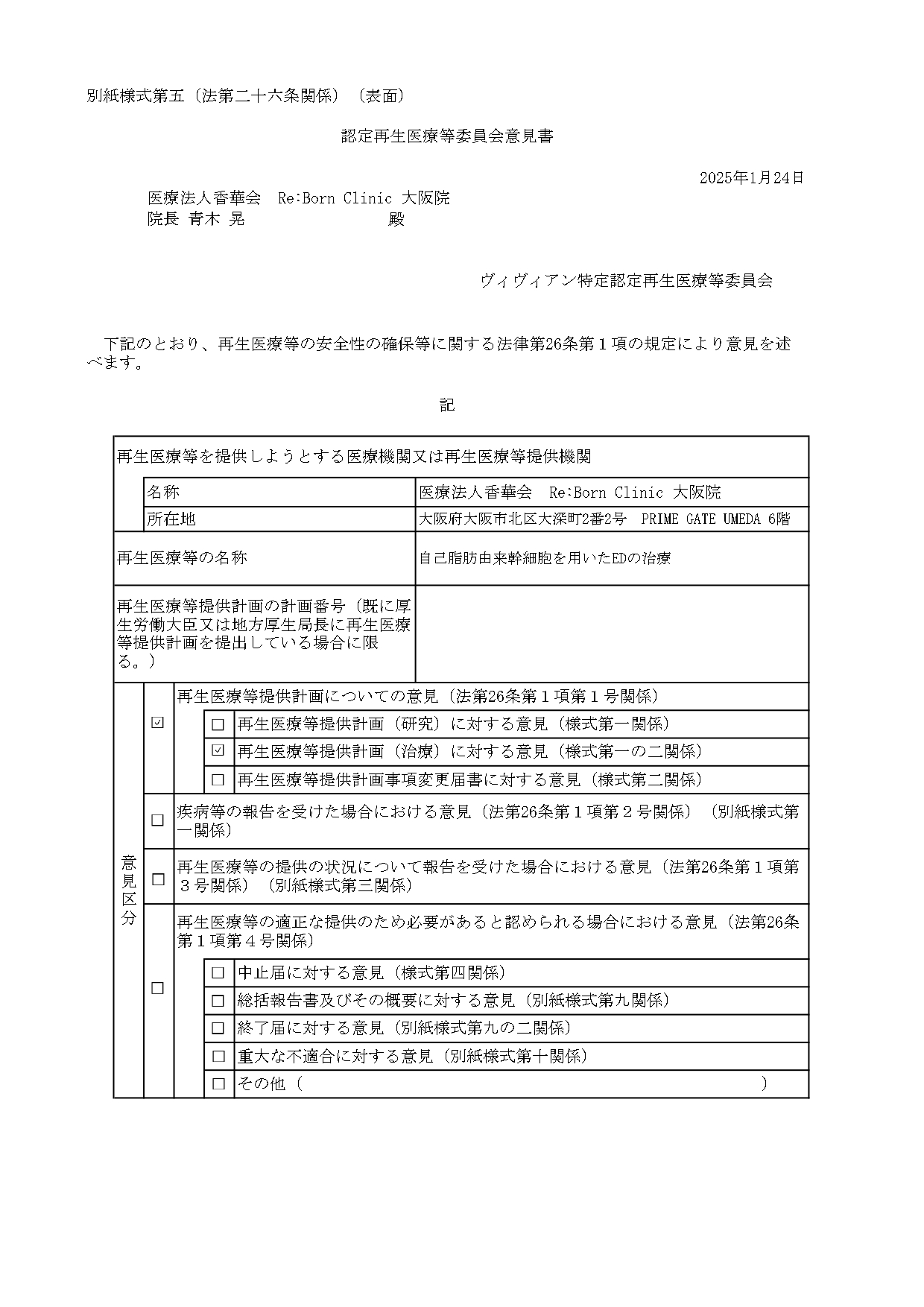 リボーンクリニック 許可・資格