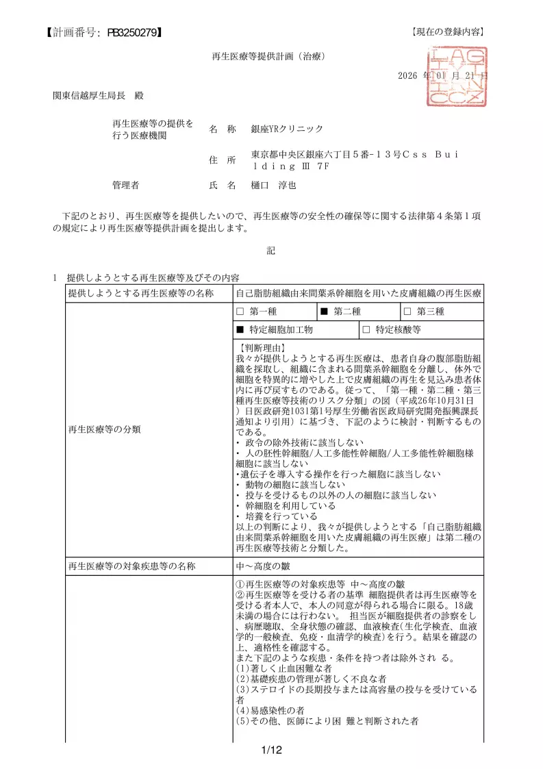 銀座YRクリニック 許可・資格